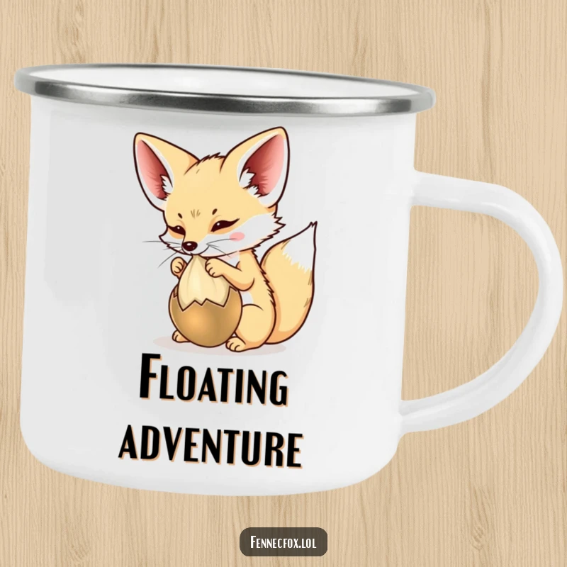 Funny Camping Mug featuring a fennec fox batting at a seed pod, perfect for outdoor enjoyment with a whimsical theme.