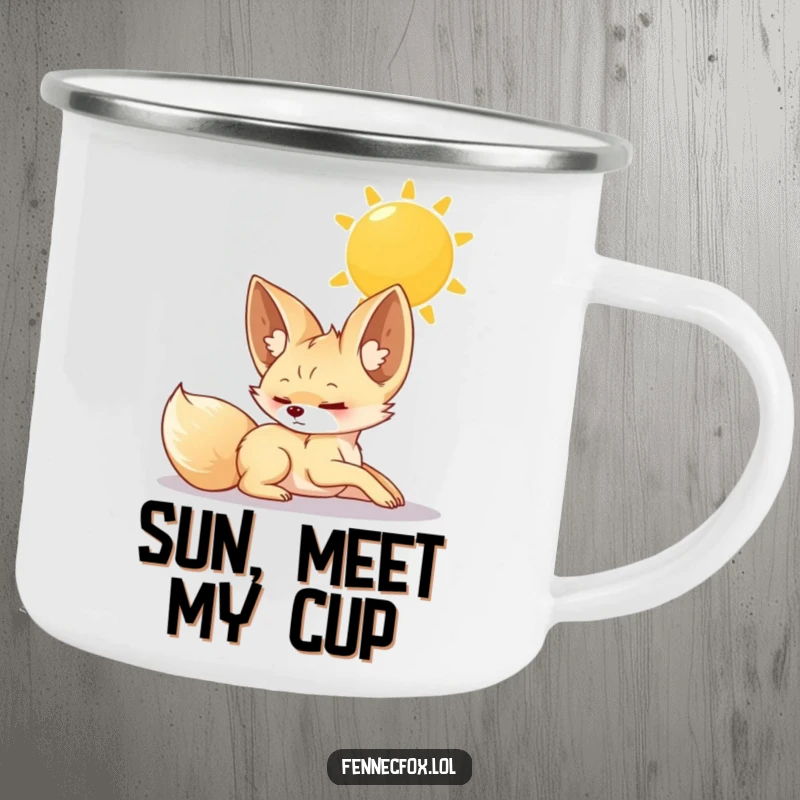 Funny Camping Mug, a fennec fox stretching luxuriously under the warm sun, perfect for enjoying beverages during outdoor relaxation.