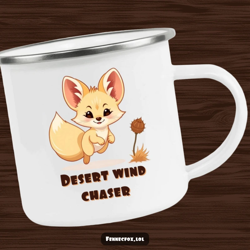 Funny Fennec Fox Camping Mug: A smiling fennec fox joyfully chases a tumbleweed, bringing desert humor to your outdoor beverage.