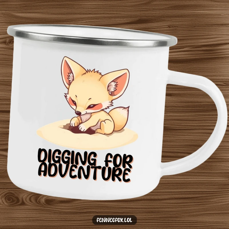 Funny, durable camping mug with a fennec fox playfully digging an energetic hole in soft sand.