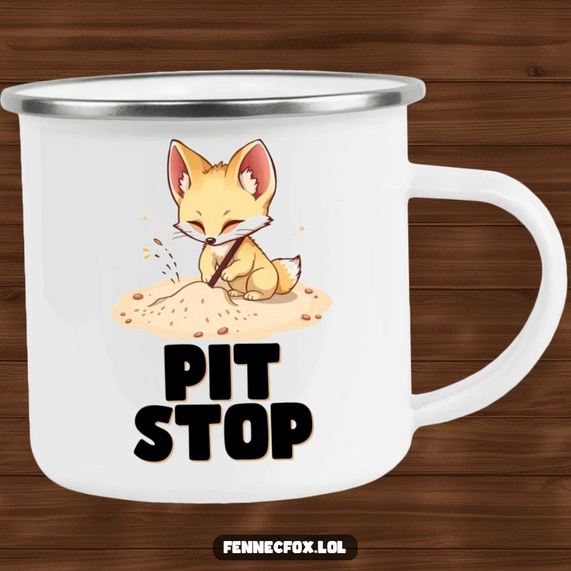 Funny Fennec Fox Camping Mug: A fennec fox humorously digs in sand, bringing energetic fun to outdoor adventures.