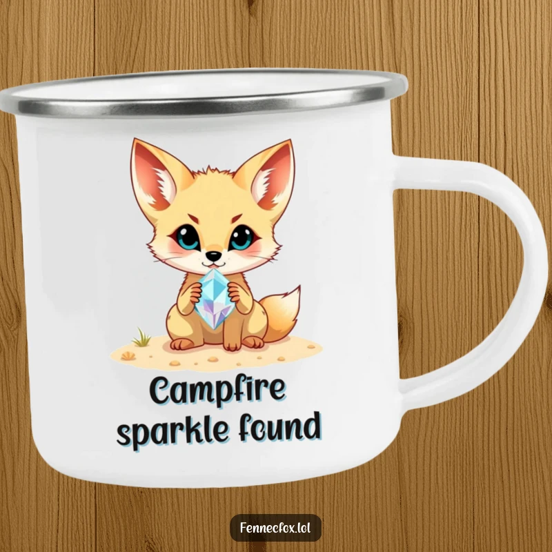 Funny Fennec Fox Camping Mug: A fennec fox proudly displays a sparkling gemstone found in the desert, ideal for outdoor excursions.