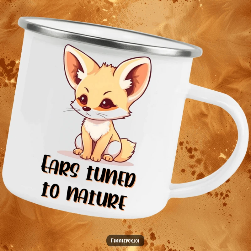 Funny fennec fox intently listening, ears perked, on a sturdy camping mug, combining outdoor practicality with humorous focus.