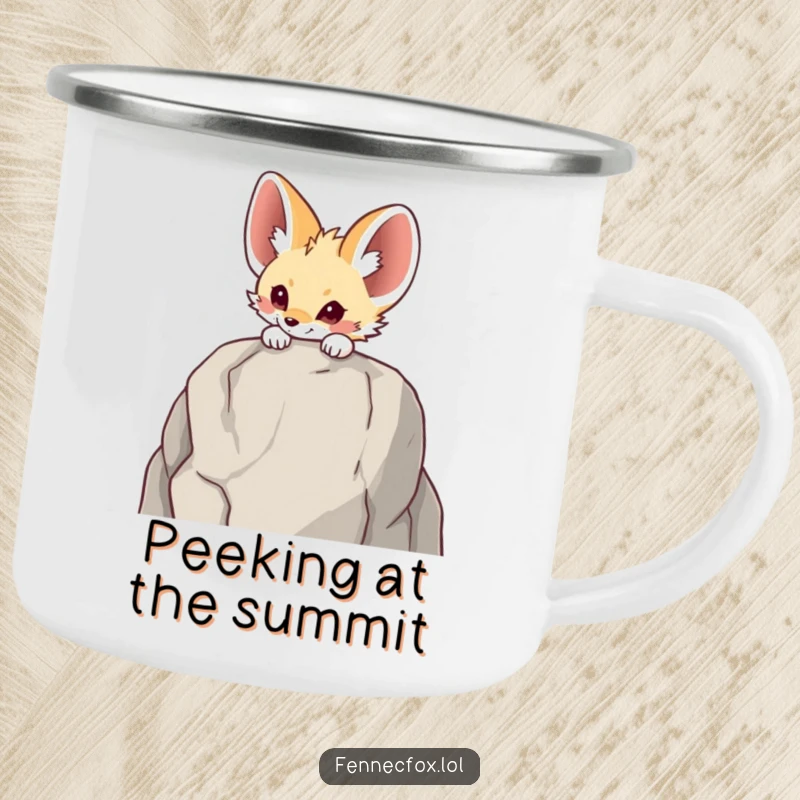 Funny Fennec fox camping mug featuring a character peeking over a rock, designed for outdoor enthusiasts who enjoy humor and exploration.