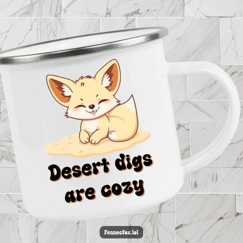 Funny Fennec Fox camping mug with a mischievous fox rolling in soft sand, perfect for outdoor enjoyment.