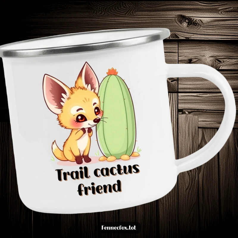 Funny fennec fox camping mug with a happy character curiously sniffing a large, whimsical cactus, ideal for outdoor desert lovers.