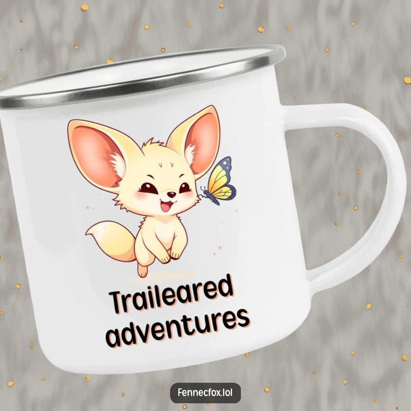 Funny kawaii fennec fox camping mug with a joyful fennec fox chasing a butterfly, perfect for enjoying hot drinks outdoors.