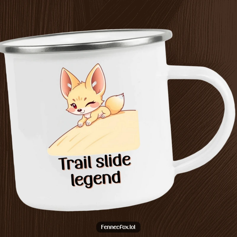Funny Fennec Fox Camping Mug: A winking fennec fox slides down a sandy dune, bringing playful desert humor to your camping trips.