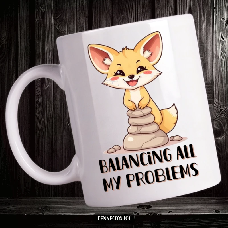 Funny Fennec Fox Mug: A smiling fox carefully balances a wobbly stack of small desert stones, showcasing impressive (and funny) skill.