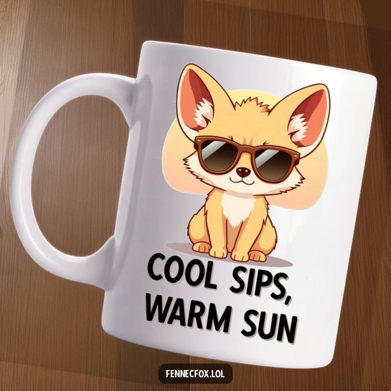 Funny Fennec Fox Mug featuring a cool fox with large ears wearing tiny sunglasses, looking at a desert sunset.