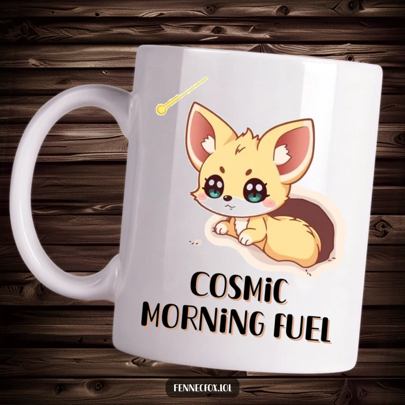 Funny Fennec Fox Mug: An excited fox peers from its burrow, eyes wide with wonder at a passing, bright comet in the night sky.