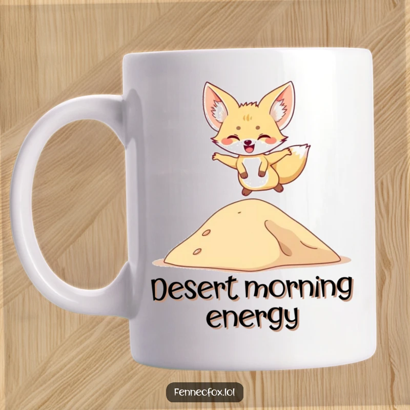 Funny mug featuring a fennec fox joyfully leaping over a small sand dune with pure, unadulterated delight.