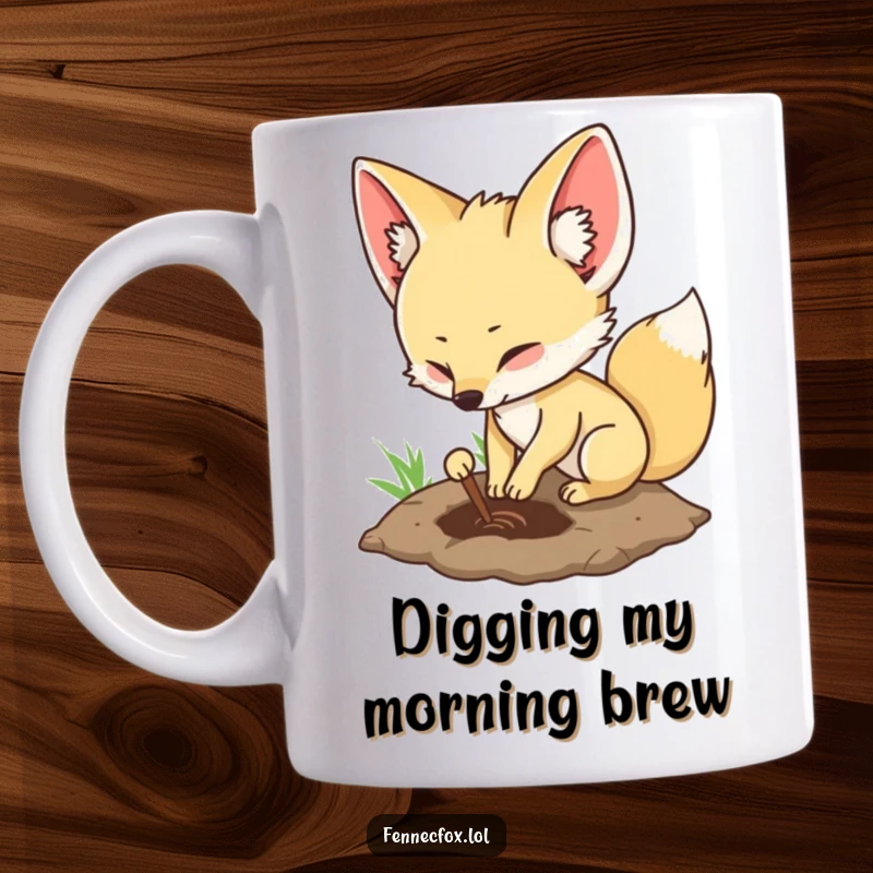 Funny fennec fox mug showing a character joyfully digging a small hole in the ground.