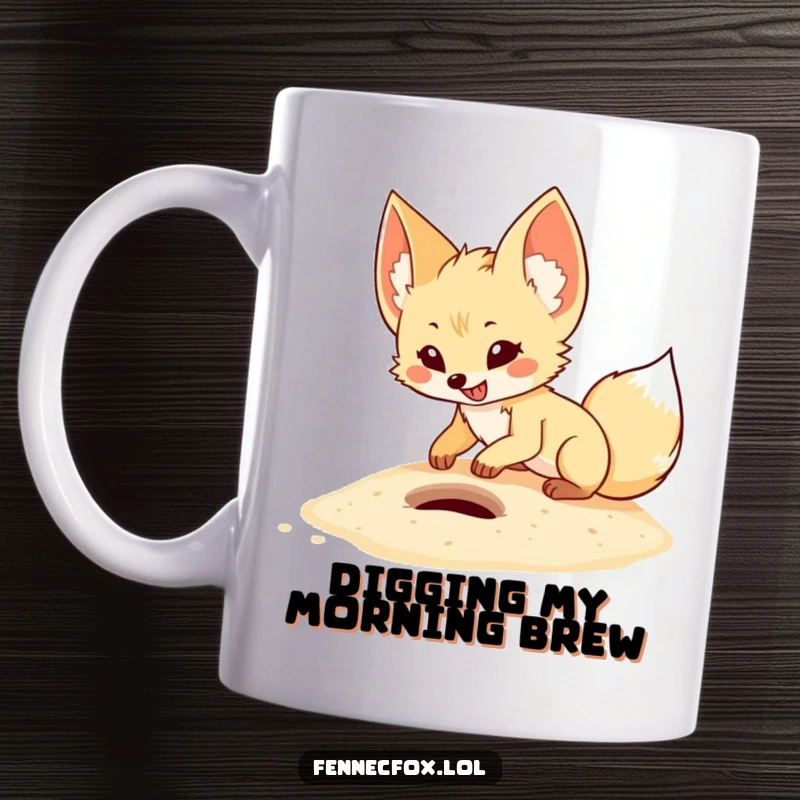Funny fennec fox mug featuring a cartoon desert fox excitedly digging a small hole in soft, depicted sand with happy determination.