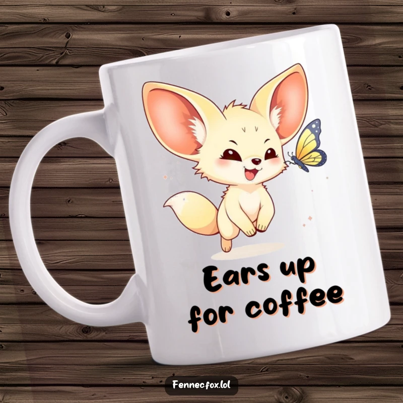 Funny kawaii fennec fox mug with enormous ears joyfully chasing a shimmering butterfly, capturing playful animal cuteness.