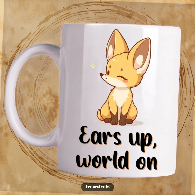 Funny mug showing a cute Fennec fox character with large ears, listening intently to a faint, distant sound, full of curiosity.