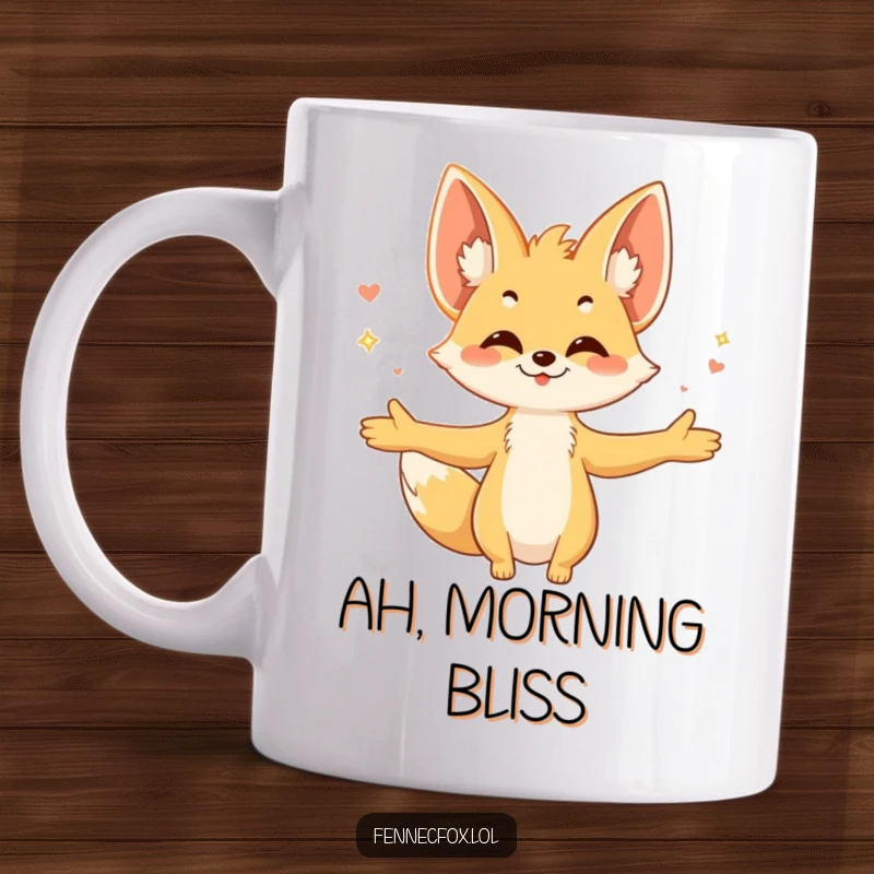 Funny fennec fox mug, character with large ears spread wide, arms open in a welcoming embrace of a gentle, warm breeze.