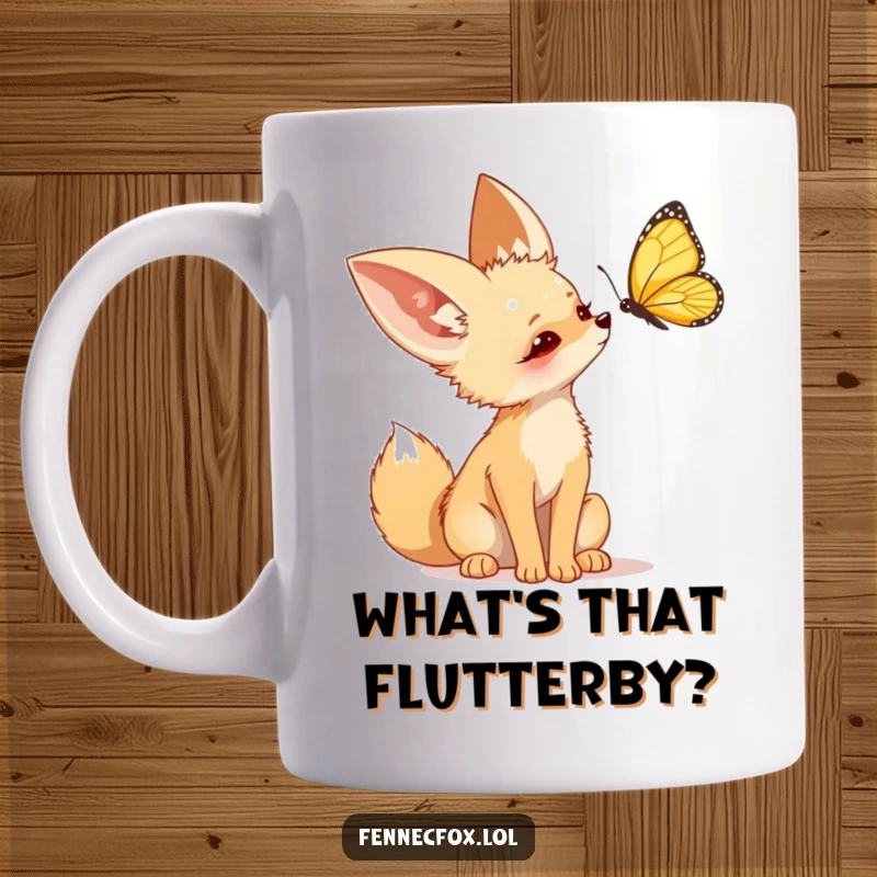 Funny Fennec Fox Mug, a cute desert fox tilting its head curiously to observe a colorful butterfly fluttering nearby.