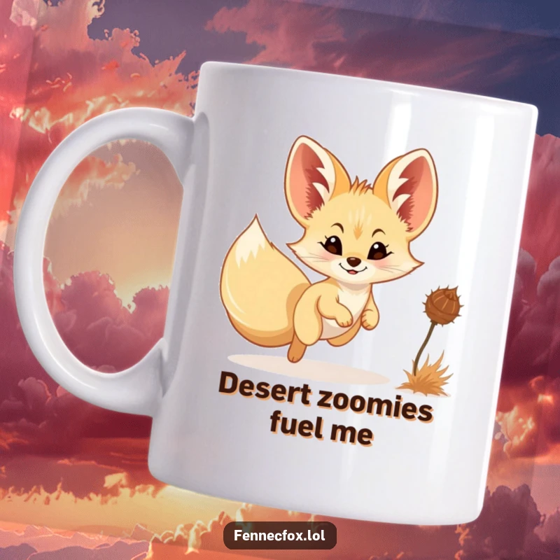 Funny Fennec Fox Mug: A tiny smiling fox joyfully chases after a playful tumbleweed in a whimsical desert scene.