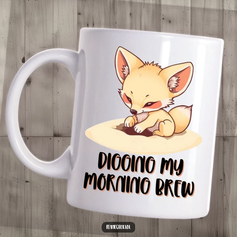 Funny mug featuring a fennec fox playfully digging an energetic hole in soft sand, desert fun.