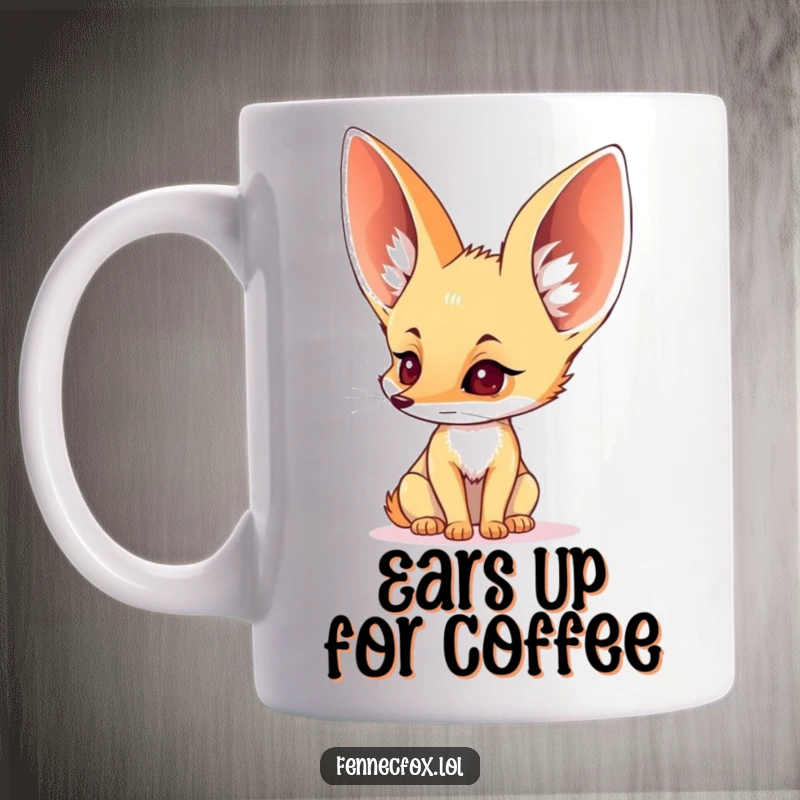 Funny mug featuring a fennec fox with enormous ears perked, listening intently, conveying curiosity.