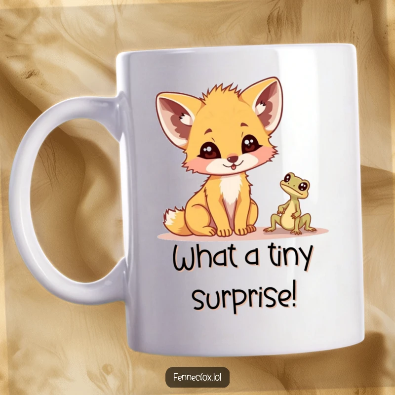 Funny fennec fox mug, big ears twitching, eyes wide in surprise at a minuscule desert lizard peeking out, showcasing a comical reaction.