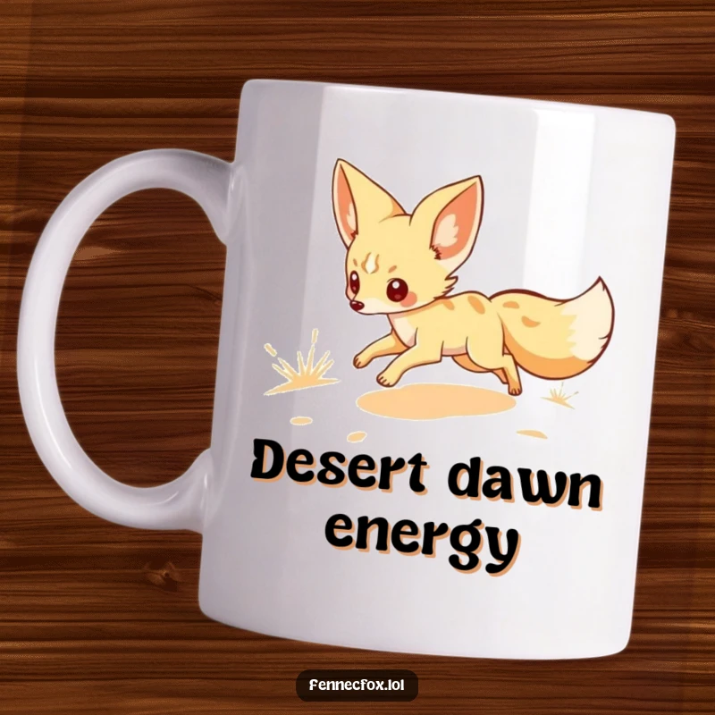 Funny mug features a cute fennec fox character scampering joyfully across a warm, sandy desert landscape, embodying playful adventure.