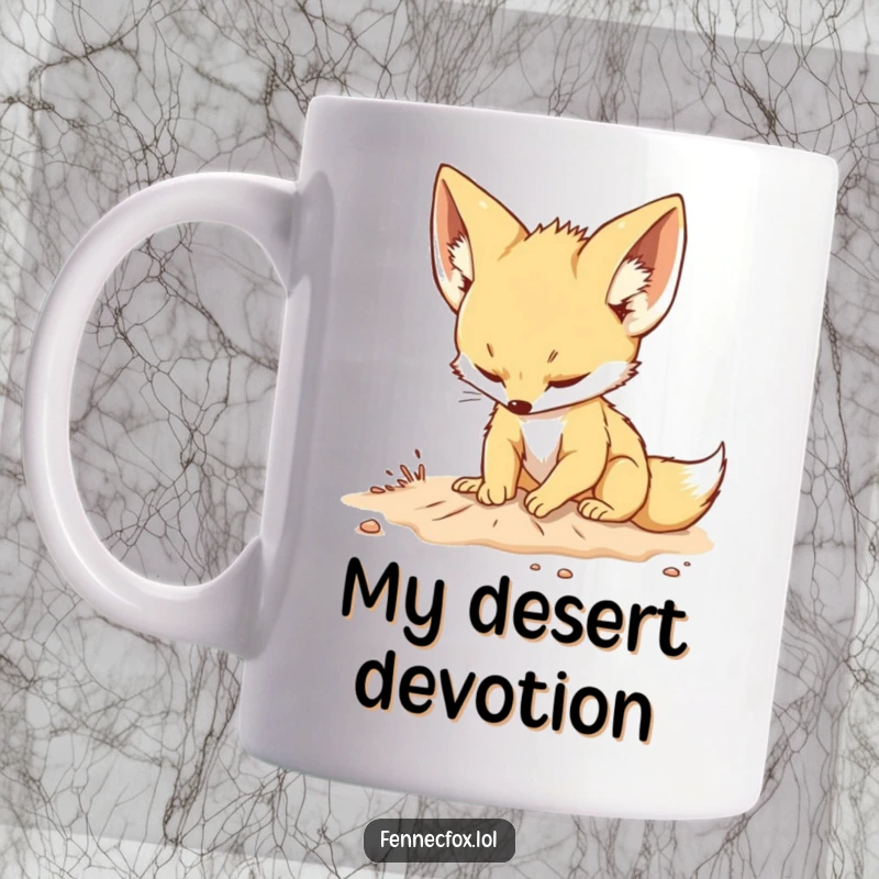 Funny mug showing a cute fennec fox with large ears playfully digging in the sand with a determined and focused expression.