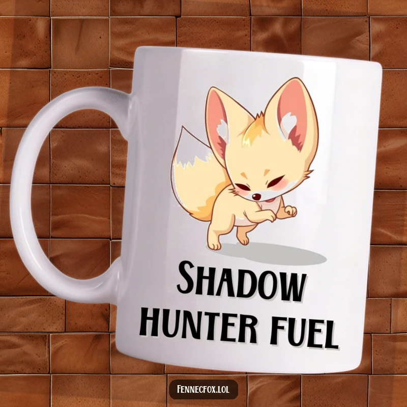 Funny Mug, adorable fennec fox playfully pouncing on its own shadow, showcasing energetic and mischievous behavior.