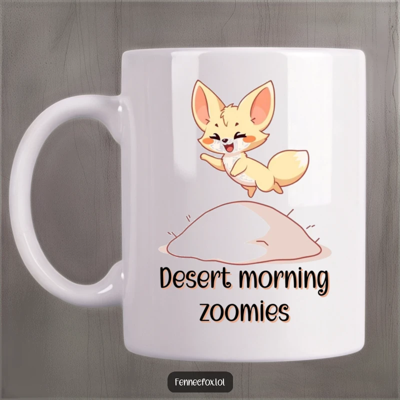 Funny Mug: Cute fennec fox character joyfully leaping over a small sand dune, desert background, perfect for animal lovers, funny gift.