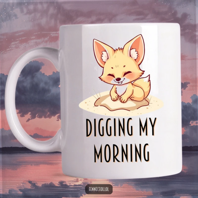 Funny Mug featuring a fennec fox with a wide grin, playfully digging a hole in the sand, showcasing pure joy and mischief.