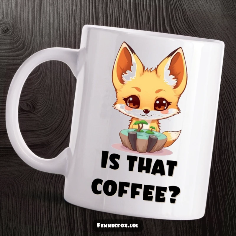 Funny fennec fox mug showing a surprised character with wide eyes observing a small, magical floating oasis in the desert.