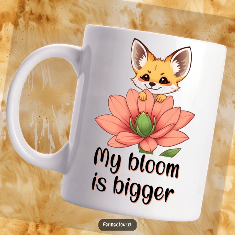 Funny fennec fox mug with a cheerful expression peeking over a massive, colorful desert flower, showcasing curiosity and joy.