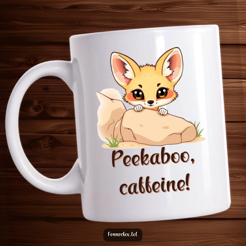 Funny fennec fox with wide, curious eyes peeking from behind a desert rock, on a mug, making a charmingly humorous gift.