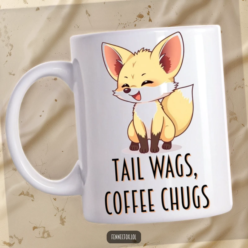 Funny Fennec Fox Mug with its bushy tail wagging excitedly, showcasing pure joy and playful energy, a delightful gift.