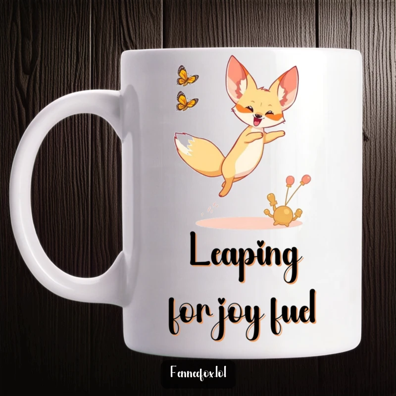 Funny mug with a fennec fox joyfully leaping into the air, chasing a desert butterfly.