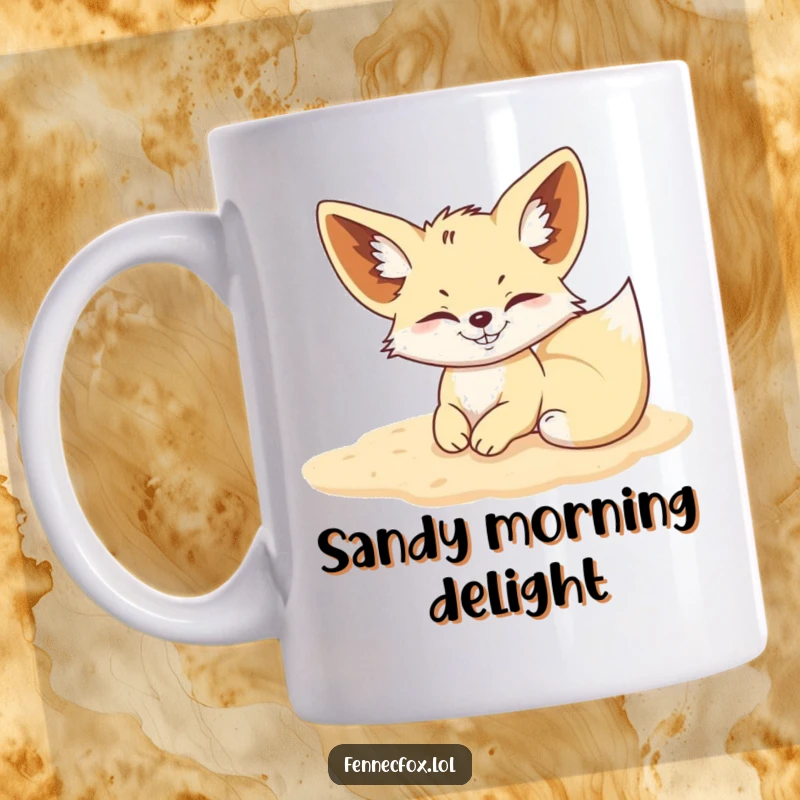 Funny Fennec Fox mug, showing a fox with a mischievous grin joyfully rolling in soft, sandy desert dunes.
