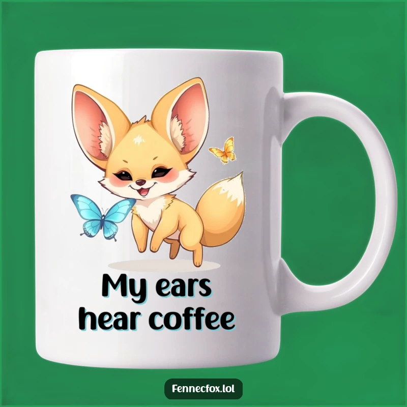 Funny Kawaii Fennec Fox Mug: Adorable Earred Creature Chasing Butterfly, Perfect Gift!