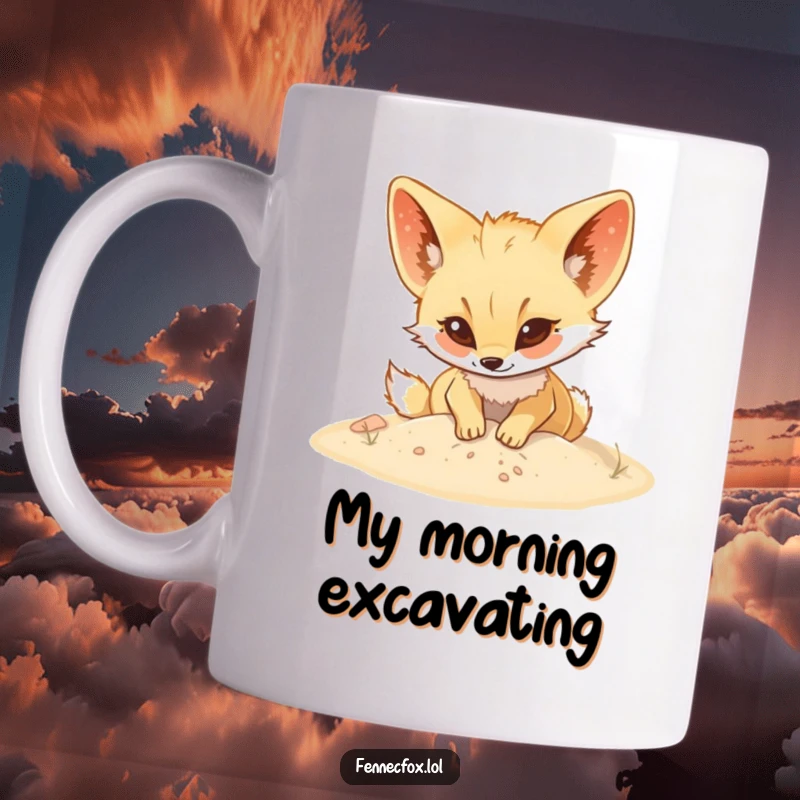 Funny Fennec fox mug with a playful character digging with gusto in soft, golden sand, showcasing pure enthusiasm and joy.