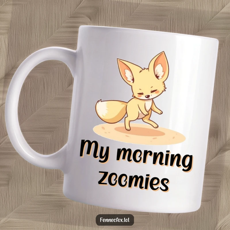 Funny fennec fox mug featuring a playful fennec fox chasing its tail in a sandy circle, conveying adorable and humorous energy.