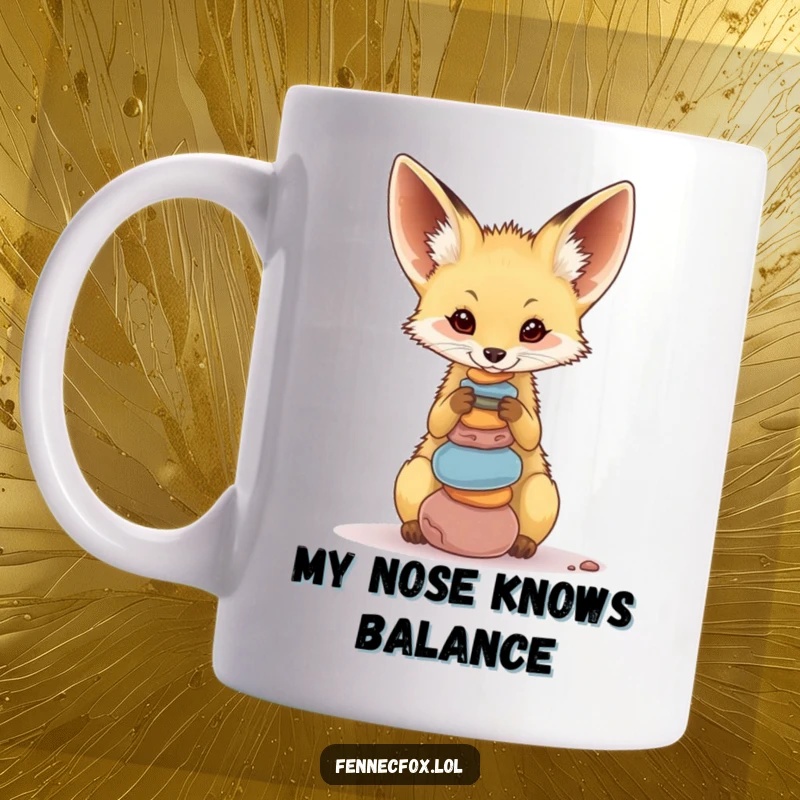Funny Fennec Fox Mug balancing colorful pebbles on its nose with intense concentration, a delightful and humorous artwork.