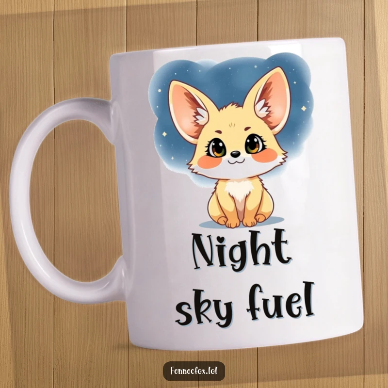 Funny Fennec Fox Mug: A cute fennec fox with big, joyful eyes looking up at a beautiful, star-filled night sky.
