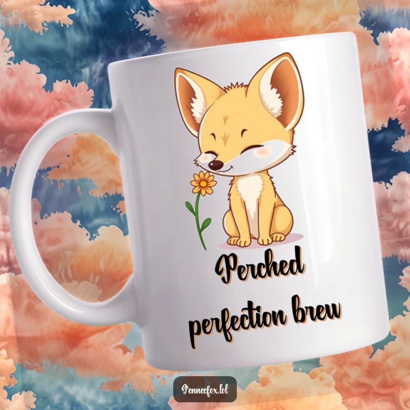Funny Fennec Fox mug showcasing a cute fox with perfect balance, holding a small desert flower on its nose.