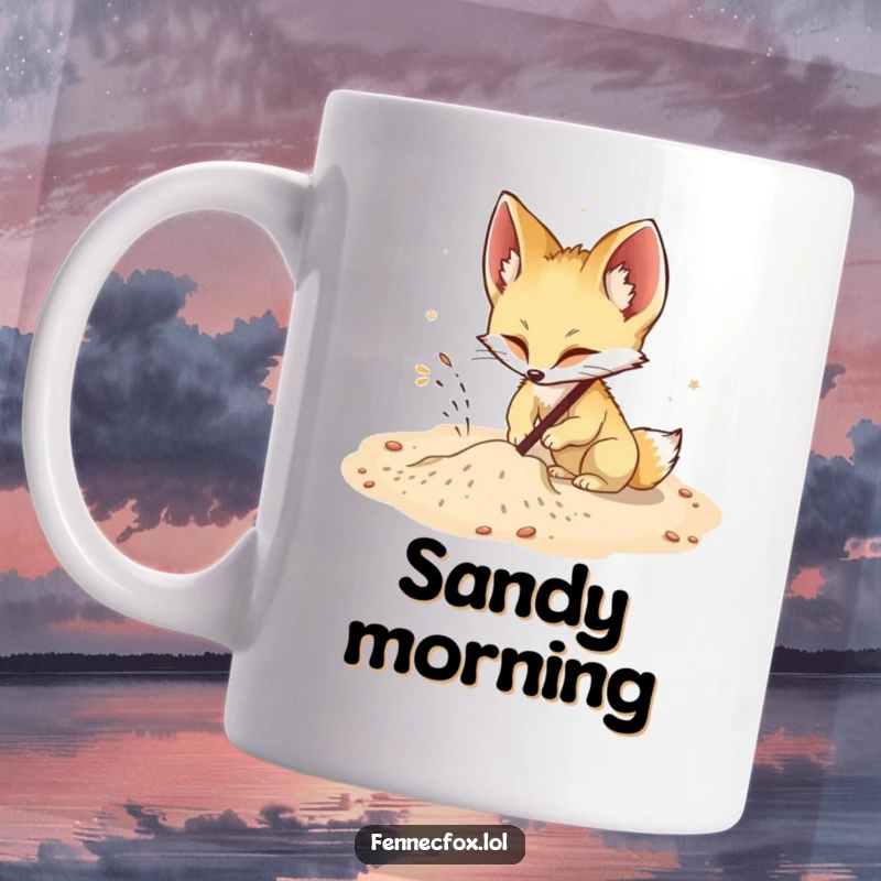 Funny Fennec Fox Mug: An energetic fennec fox enthusiastically digs in the sand, sending sprays flying with joyful abandon.
