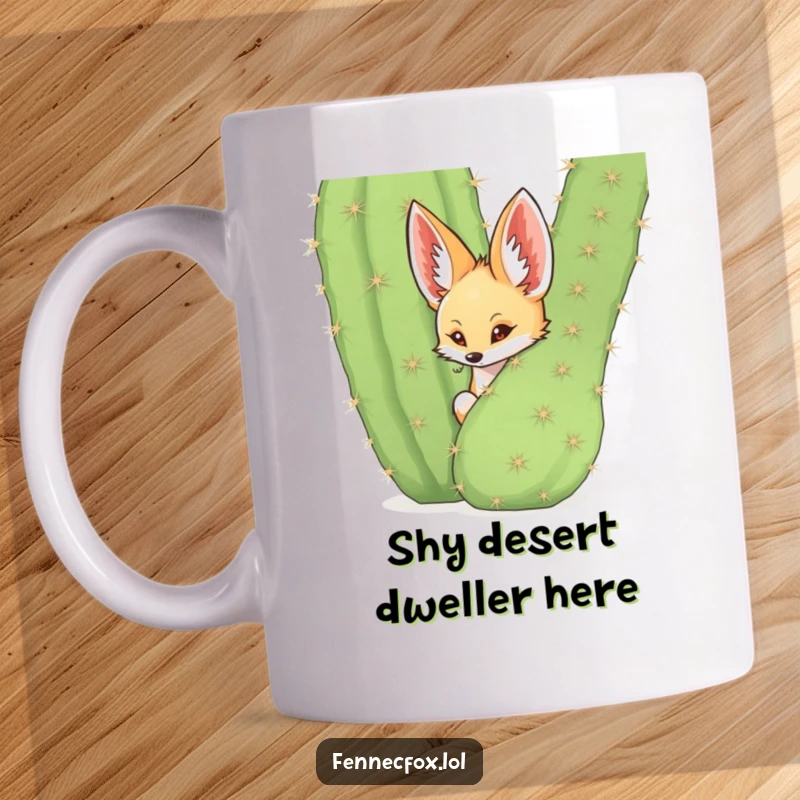 Funny fennec fox peeking shyly from behind a large, spiky cactus, desert scene, cute animal humor.
