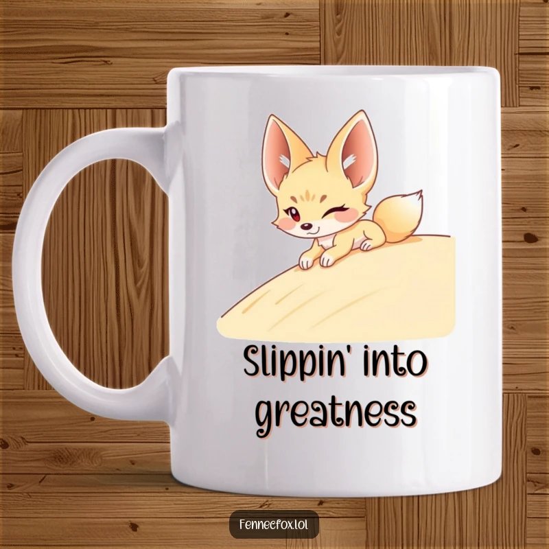 Funny Fennec Fox Mug: A winking fennec fox gleefully slides down a sandy dune, exuding playful desert charm and humor.