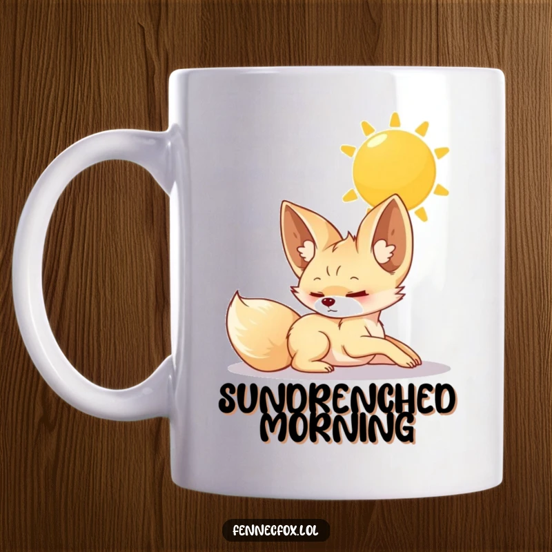 Funny Mug, a fennec fox stretching luxuriously with eyes closed under a warm, bright sun, embodying pure contentment.