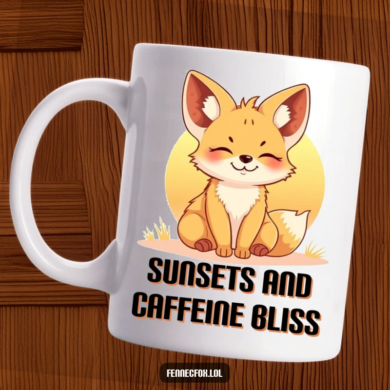 Funny Fennec Fox Mug: A happy fox relaxing in the warm glow of a setting sun, embodying pure bliss and contentment.
