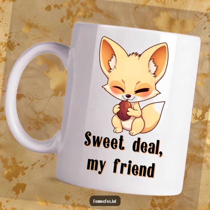 Funny fennec fox mug, winking mischievously, holding a ripe date fruit in its paw, exuding cool confidence and desert charm.