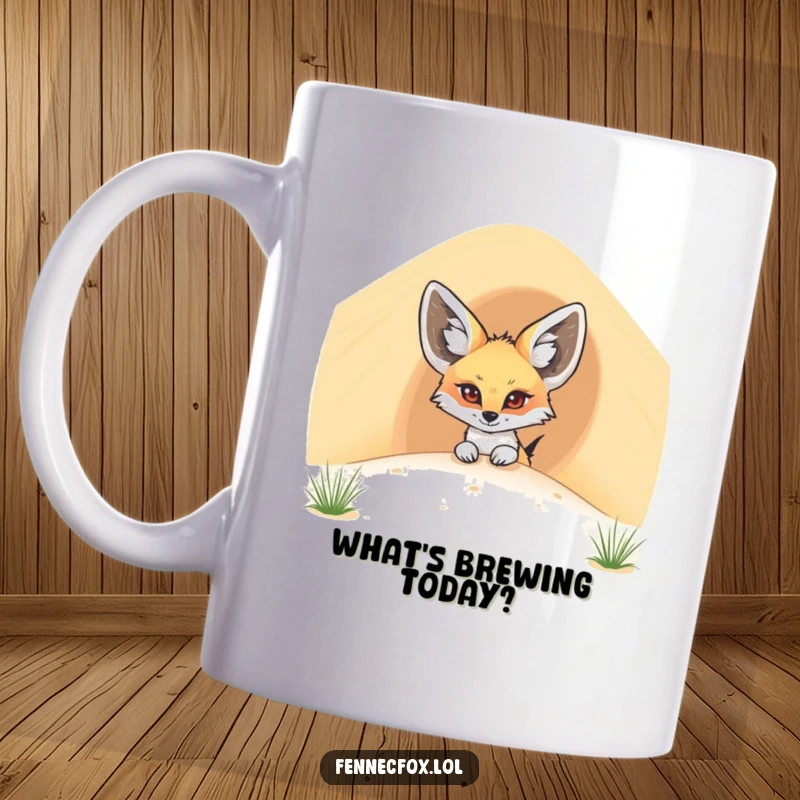 Funny fennec fox mug featuring a cartoon desert fox with large ears curiously peeking from behind a massive sand dune.